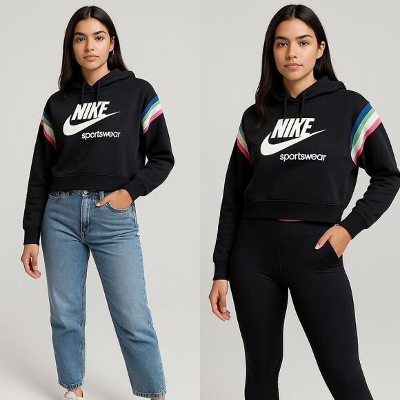 NIKE Women’s Heriatge Hoodie Small Black Cropped Pullover Sweatshirt Stripes - Picture 1 of 15